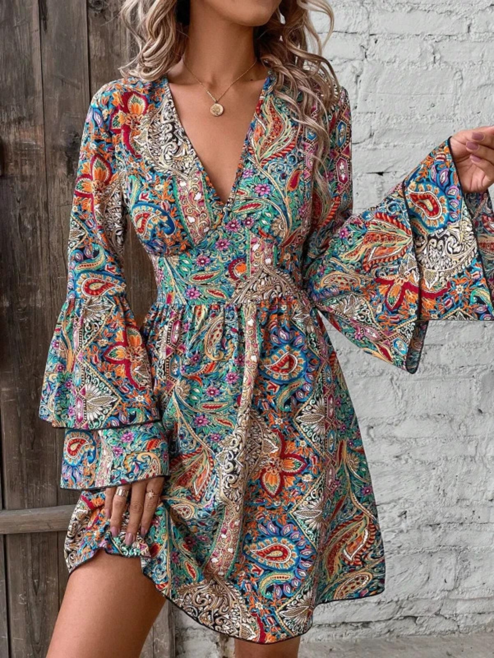 ZARA Elegant Womens Floral Print Collared Bell Sleeve Dress Fall